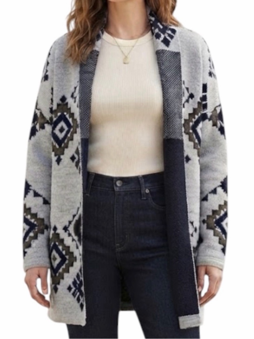 BARTOLINI Made in Italy Grey Aztec Print Wool Open Front Cardigan L